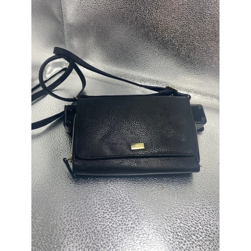 Black Pebbled Faux Leather Crossbody Wallet Bag Gold Tone Hardware Adjustable